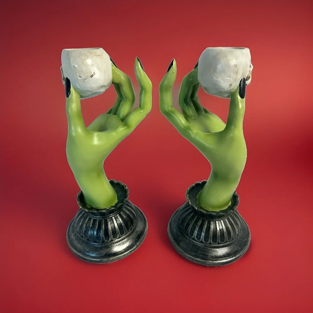 Gothic Skull Hand Taper Candle Holders Green Witch 2 Pc Halloween Decor Resin